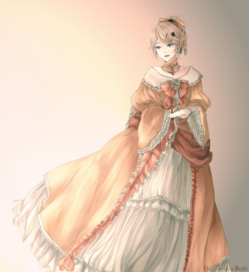 1girl, aku_no_musume_(vocaloid), artist_name, blonde_hair, blue_eyes, bow, choker, dress