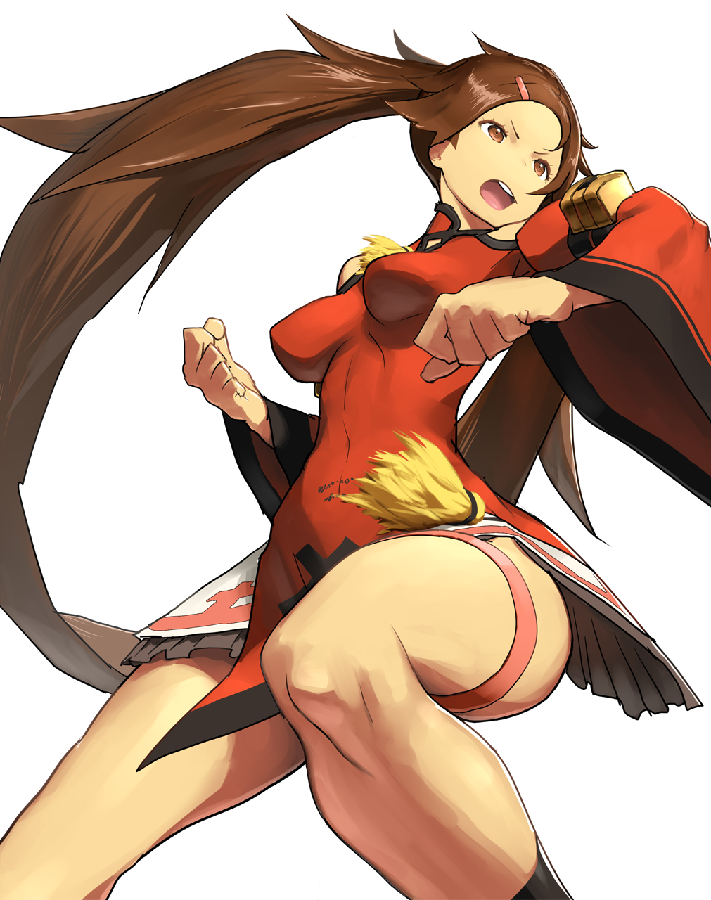 1girl, breasts, brown_eyes, brown_hair, china_dress, chinese_clothes, clenched_hands, cowboy_shot