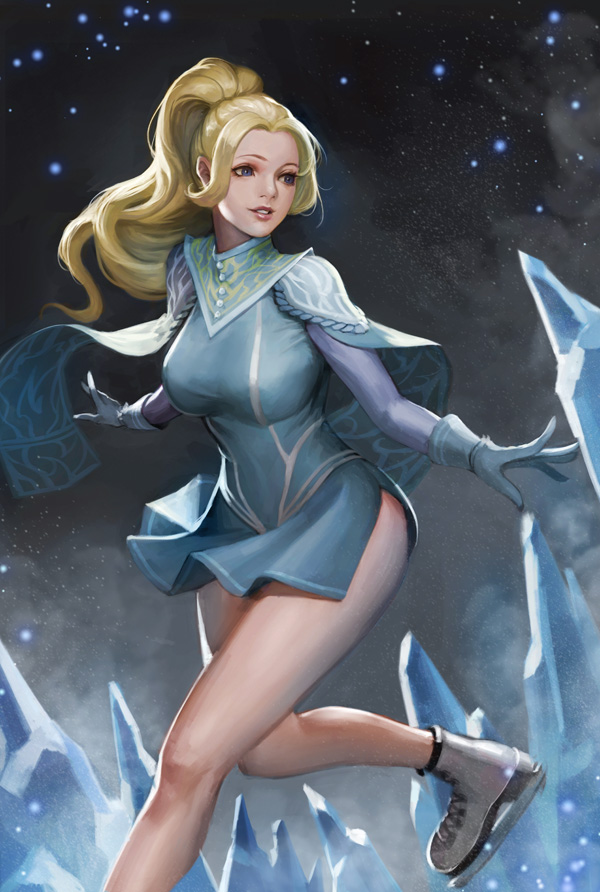 1girl, blonde_hair, blue_eyes, breasts, capelet, fur_trim, gloves, ice, ice_skates, kolin, long_hair, looking_to_the_side, parted_lips, phamoz, skates, smile, solo, street_fighter, street_fighter_v