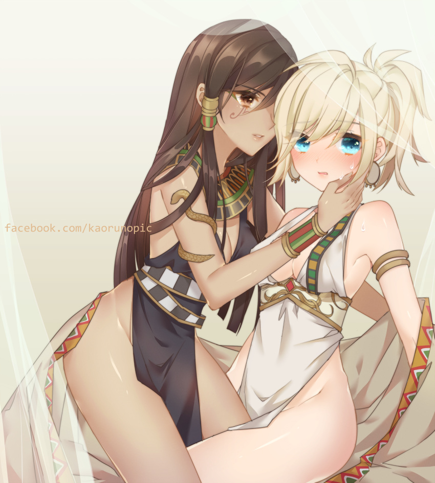2girls, alternate_costume, armlet, atobesakunolove, beige_background, black_dress, blanket, blonde_hair