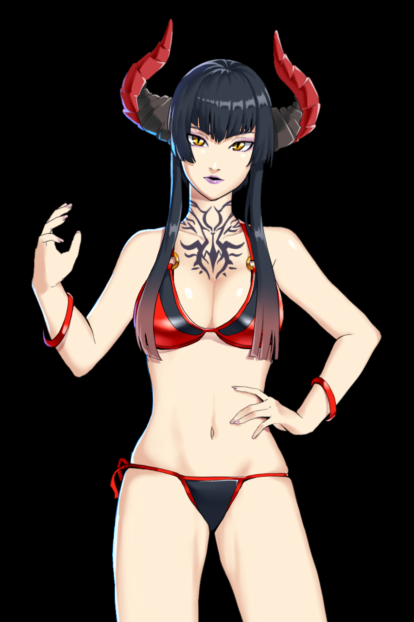 1girl, alternate_costume, bangle, bikini, black_background, black_hair, bracelet, breasts