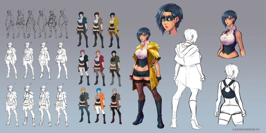 1girl, asymmetrical_hair, ben_widdowson, boots, breasts, character_sheet, concept_art, cybernetic_eye