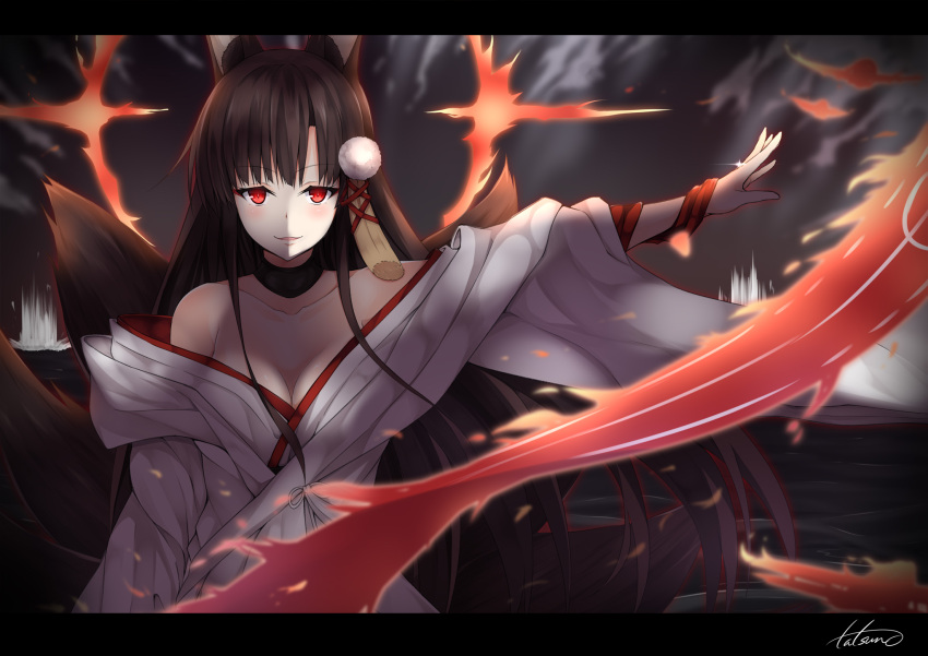 1girl, akagi_(azur_lane), animal_ears, aura, azur_lane, black_hair, breasts, choker