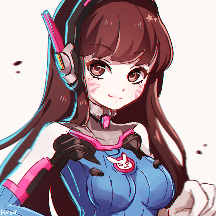 1girl, :3, artist_name, bangs, blurry, bodysuit, breasts, brown_eyes, brown_hair, closed_mouth, commentary_request, d.va_(overwatch), eyebrows_visible_through_hair, facepaint, facial_mark, gloves, headphones, hynori, light_blush, long_hair, looking_at_viewer, overwatch, pilot_suit, ribbed_bodysuit, signature, simple_background, skin_tight, small_breasts, smile, solo, swept_bangs, upper_body, whisker_markings, white_background, white_gloves
