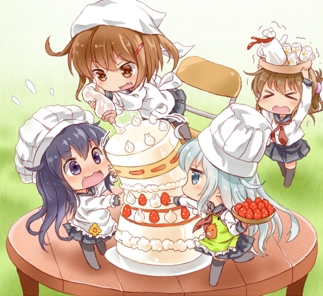 >:d, >_<, 4girls, akatsuki_(kantai_collection), apron, black_legwear, black_sailor_collar, black_skirt