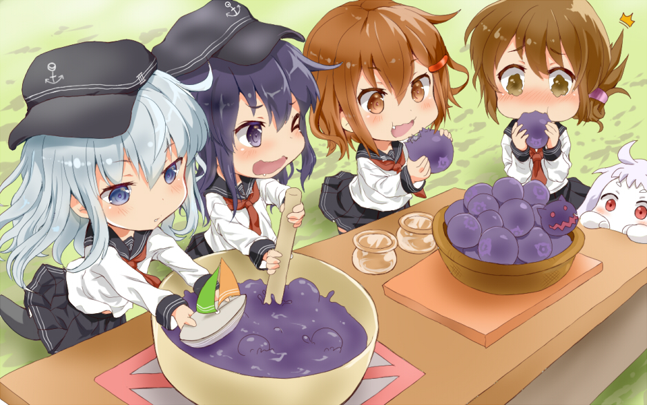 >_<, 5girls, akatsuki_(kantai_collection), black_hat, black_legwear, black_sailor_collar, black_skirt, blue_eyes, blueberry, blush, brown_eyes, brown_hair, commentary_request, enemy_aircraft_(kantai_collection), fang, flat_cap, folded_ponytail, food, fruit, hat, hibiki_(kantai_collection), ikazuchi_(kantai_collection), inazuma_(kantai_collection), kantai_collection, katanon_(suparutan), long_hair, long_sleeves, mittens, multiple_girls, neckerchief, northern_ocean_hime, pantyhose, pleated_skirt, purple_hair, red_eyes, red_neckwear, sailor_collar, school_uniform, serafuku, shinkaisei-kan, short_hair, silver_hair, skirt, thigh-highs, violet_eyes, white_hair