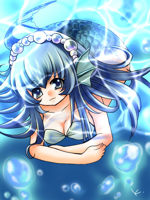 blue_eyes, blue_hair, breasts, bubble, head_fins, headfins, kitarow, mermaid