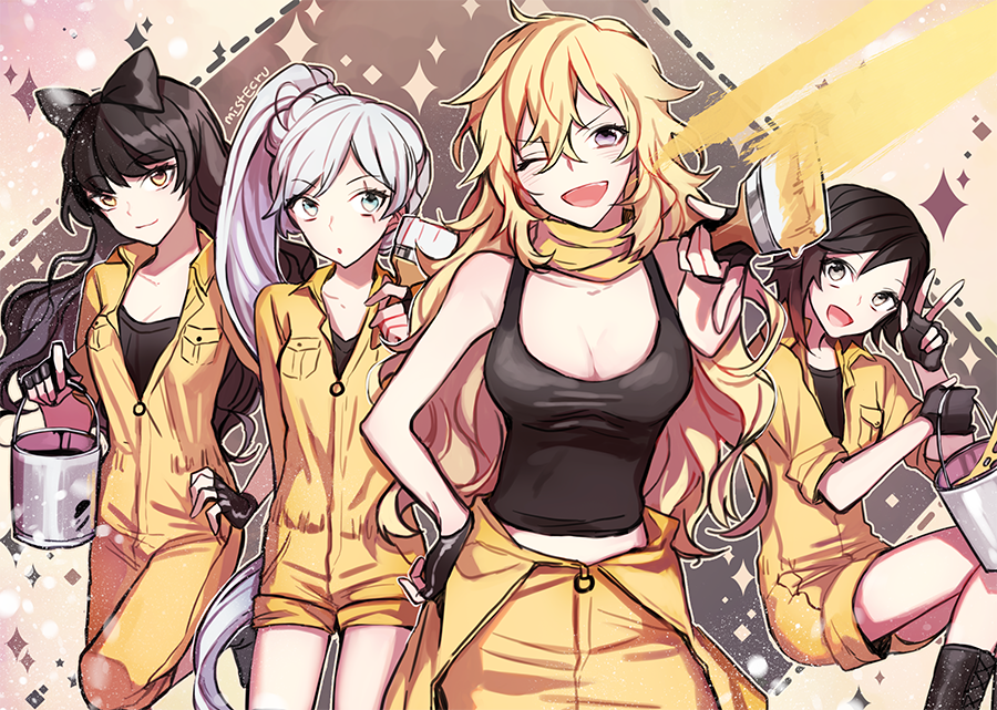 4girls, artist_name, blake_belladonna, breasts, cleavage, coveralls, ecru, fingerless_gloves