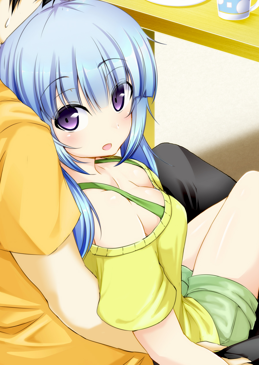 1boy, 1girl, :d, bangs, bare_shoulders, between_legs, black_pants, blue_hair