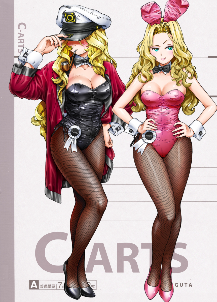 2girls, animal_ears, black_footwear, black_legwear, black_leotard, black_neckwear, blonde_hair, blue_eyes