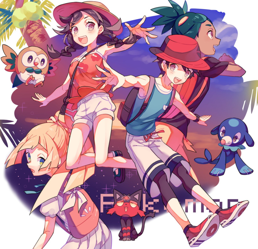 2boys, 2girls, backpack, bag, black_hair, black_shirt, blonde_hair, blue_shirt