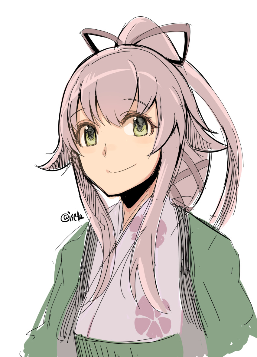 1girl, alternate_costume, black_ribbon, blush, closed_mouth, floral_print, green_eyes, hair_flaps