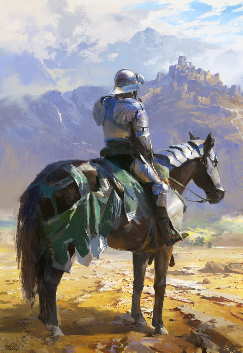 1boy, armor, blue_sky, breastplate, castle, clouds, cloudy_sky, day