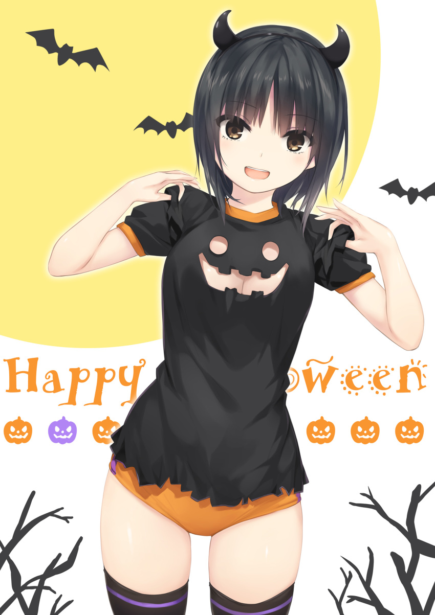 1girl, :d, absurdres, aoyama_sumika, bat, black_hair, black_hairband, black_legwear, black_shirt, breasts, brown_eyes, buruma, cleavage, cleavage_cutout, coffee-kizoku, cowboy_shot, demon_horns, eyebrows_visible_through_hair, fake_horns, hairband, halloween_costume, happy_halloween, highres, horns, looking_at_viewer, medium_breasts, open_mouth, orange_buruma, original, shirt, short_sleeves, smile, solo, standing, thigh-highs