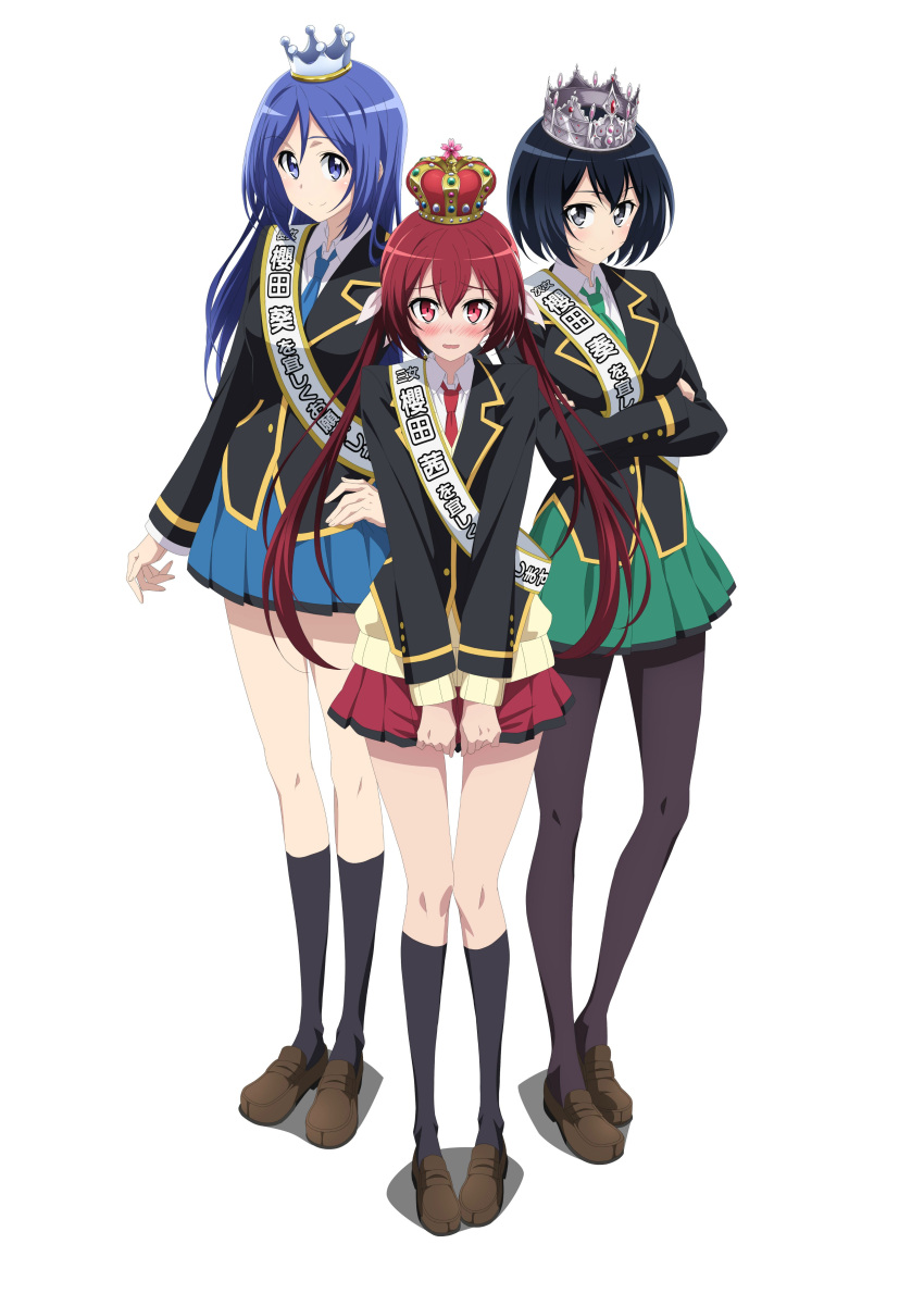 3girls, absurdres, black_eyes, black_hair, black_jacket, black_legwear, blue_eyes, blue_hair