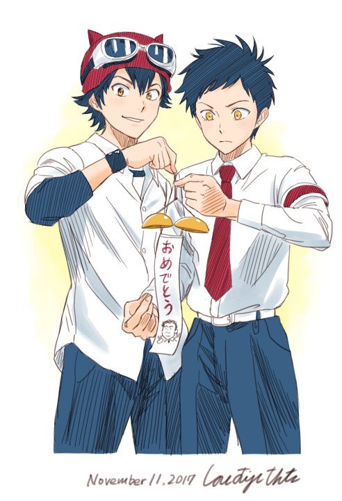 2boys, birthday, black_hair, cowboy_shot, fujisaki_yuusuke, goggles, goggles_on_headwear, hat, horned_headwear, looking_at_viewer, multiple_boys, shinohara_kenta, simple_background, sket_dance, smile, tsubaki_sasuke, white_background, yellow_eyes