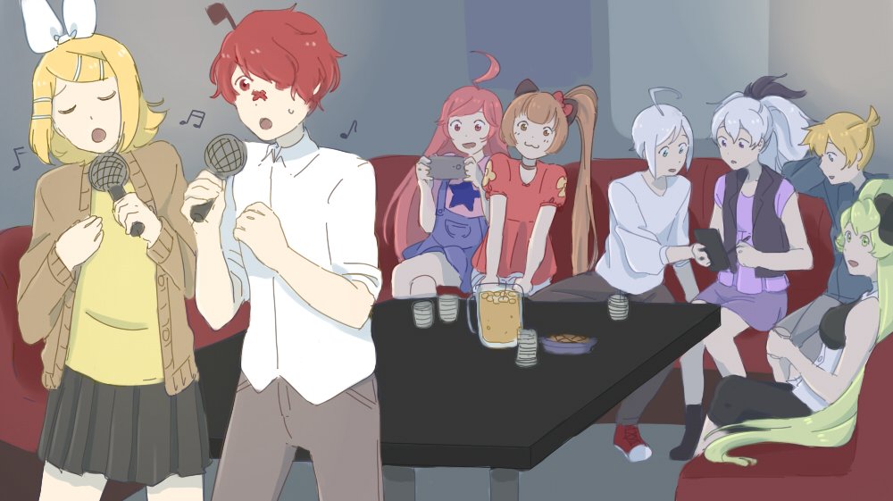 2boys, 6+girls, :3, ahoge, blonde_hair, brown_hair, casual, cellphone