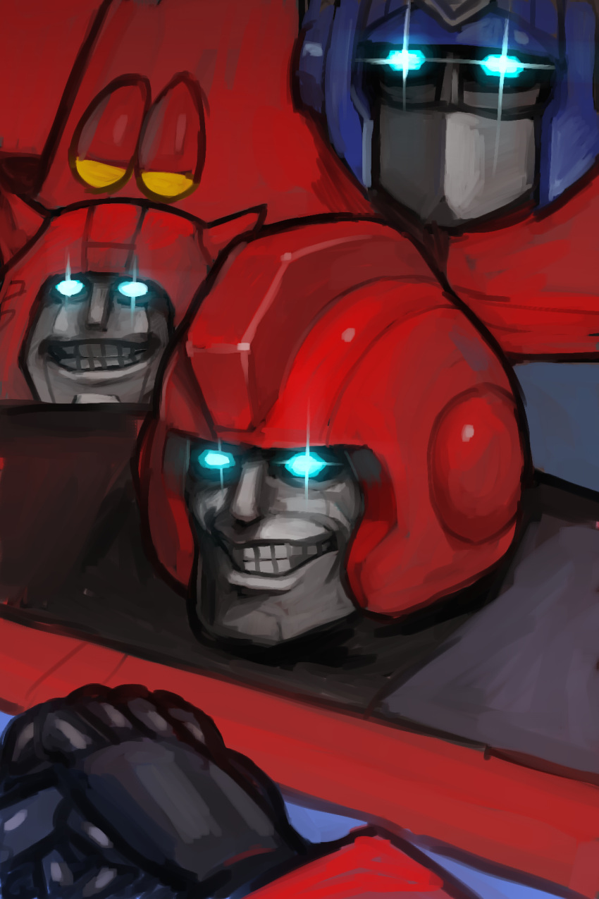 3boys, 80s, artist_request, autobot, blue_eyes, clenched_hand, cliffjumper, creepy