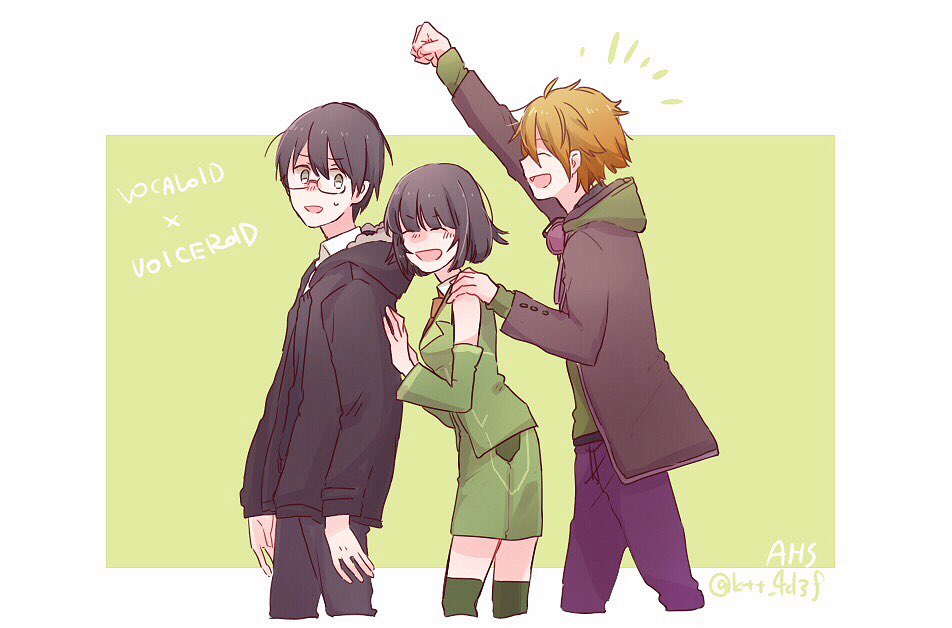 1girl, 2boys, arm_up, black_hair, bob_cut, copyright_name, cowboy_shot, detached_sleeves, fur-trimmed_jacket, fur_trim, glasses, green_background, green_legwear, green_skirt, headphones, headphones_around_neck, hiyama_kiyoteru, hiyama_kiyoteru_(vocaloid4), jacket, kyomachi_seika, mi_no_take, minase_kou, multiple_boys, orange_hair, outside_border, pants, purple_pants, pushing, short_hair, simple_background, skirt, thigh-highs, vocaloid, voiceroid