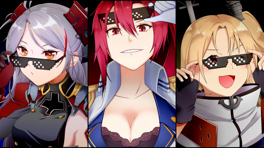 3girls, adjusting_eyewear, amatsuya, azur_lane, blonde_hair, breasts, brown_eyes, cleavage