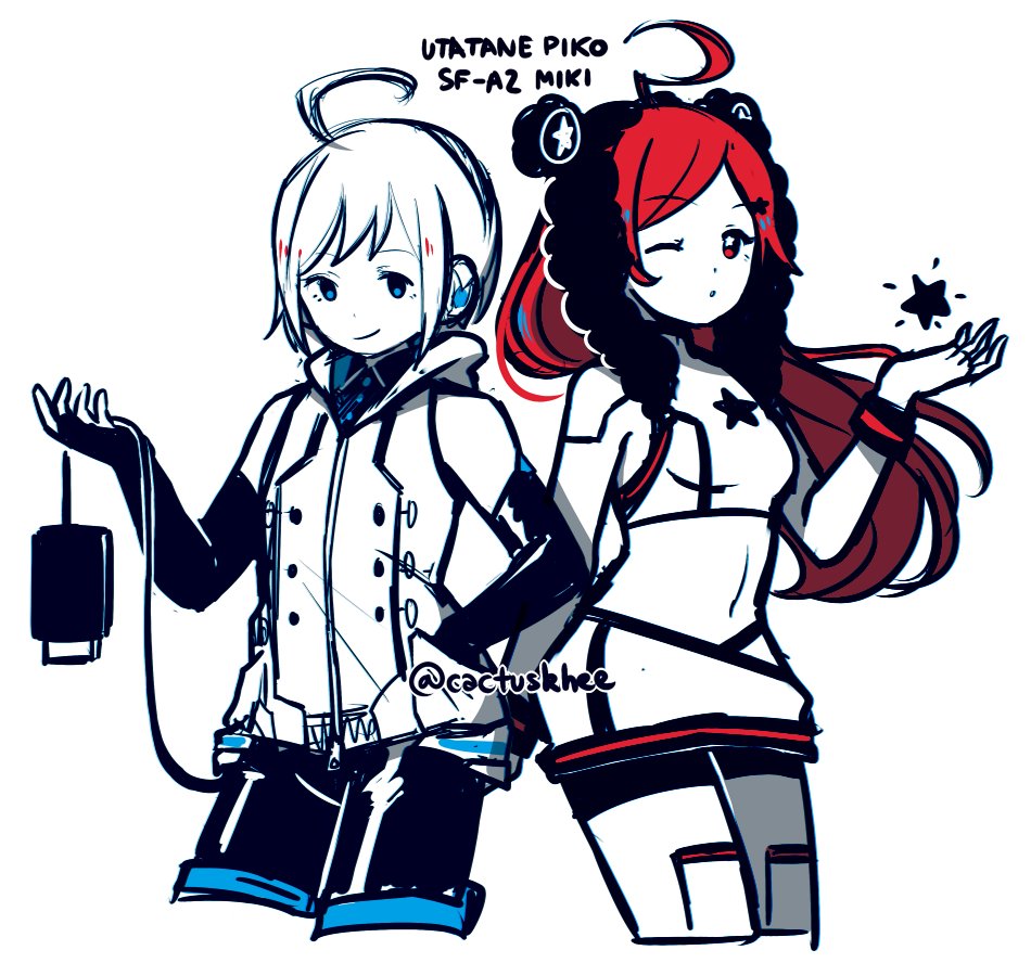 1boy, 1girl, ;o, android, blue_eyes, character_name, cropped_torso, khee