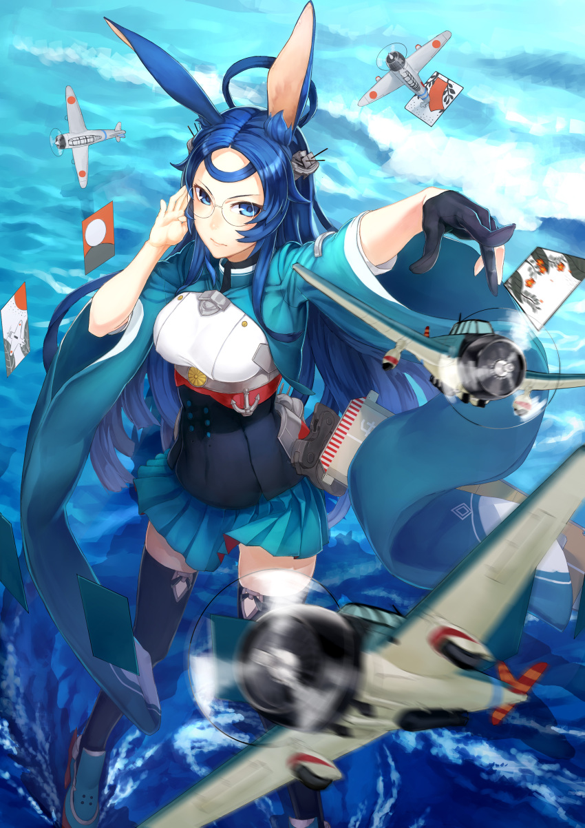 1girl, absurdres, aircraft, airplane, anchor, animal_ears, azur_lane, blue_eyes, blue_hair, card, flight_deck, glasses, gloves, hair_ornament, highres, japanese_clothes, kaito_nina, long_hair, long_sleeves, looking_at_viewer, machinery, mismatched_gloves, pleated_skirt, pointing, rabbit_ears, skirt, solo, souryuu_(azur_lane), standing, standing_on_liquid, thigh-highs, wide_sleeves, zettai_ryouiki
