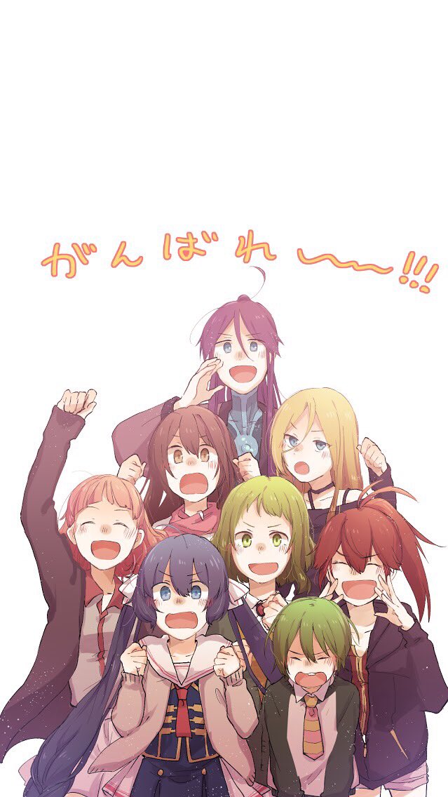 2boys, 6+girls, ^_^, arm_up, blonde_hair, blue_eyes, brown_eyes, buck_teeth