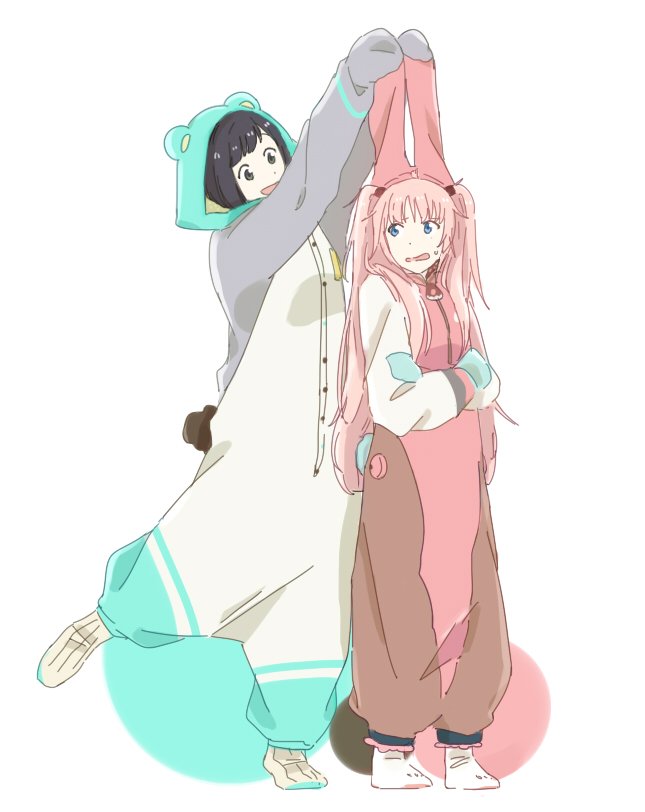 2girls, black_hair, cosplay, crossed_arms, full_body, kigurumi, leg_up, long_hair