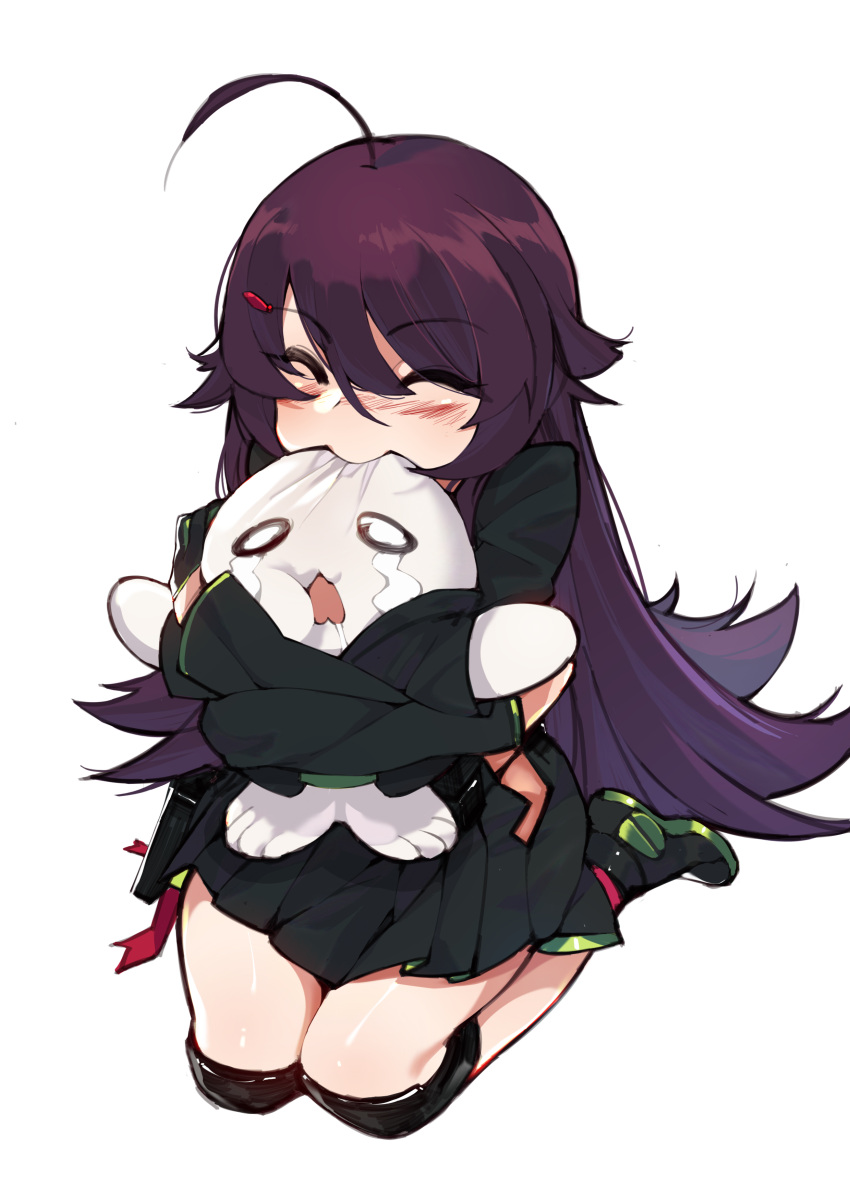 1girl, ^_^, absurdres, ahoge, bangs, biting, black_skirt, blush