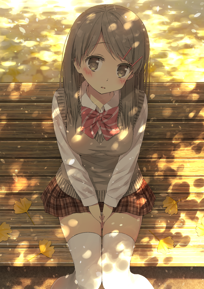 1girl, autumn, autumn_leaves, bangs, bench, between_legs, blush, bow