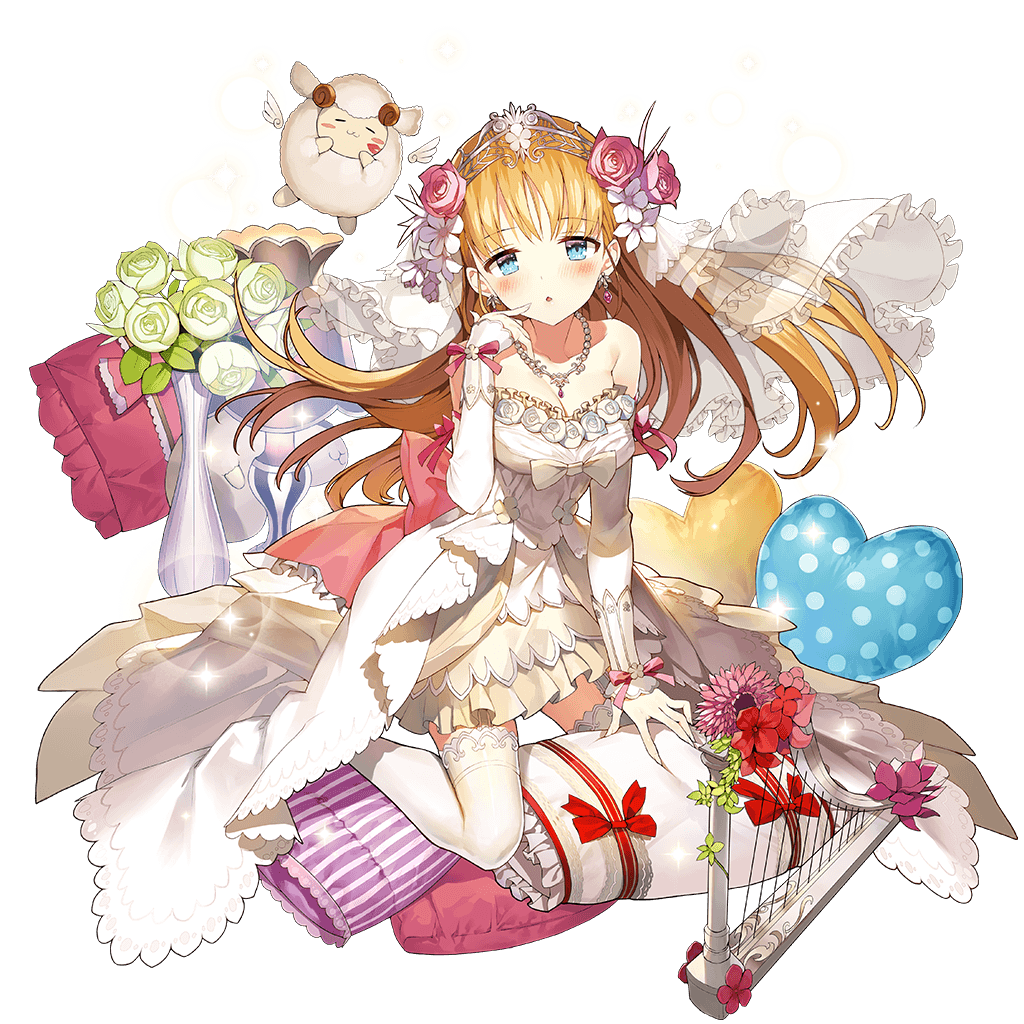bare_shoulders, blue_eyes, blush, breasts, cleavage, detached_sleeves, dress, earrings
