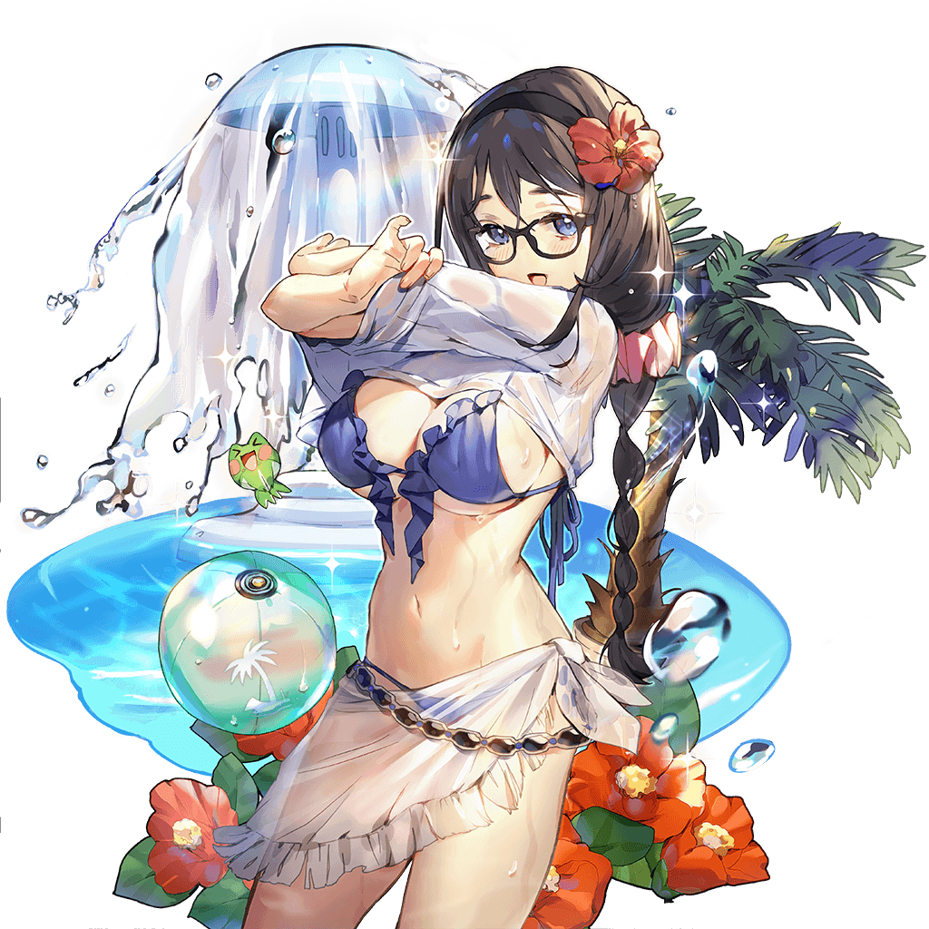 1girl, ball, bare_shoulders, beachball, bikini, black-framed_eyewear, black_hair, blue_bikini