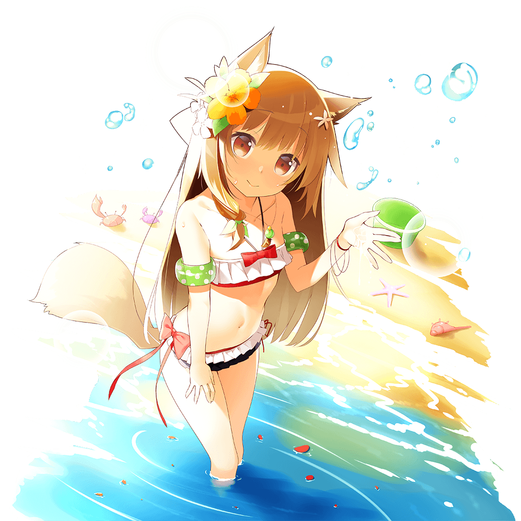 1girl, :>, animal_ears, bandeau, bikini, brown_eyes, brown_hair, character_request