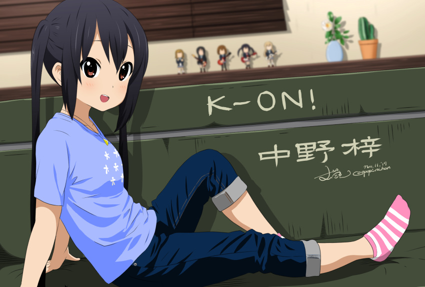 1girl, :d, absurdres, bangs, black_hair, blue_legwear, breasts, brown_eyes, casual, commentary_request, denim, feet, figure, flower_pot, hair_between_eyes, highres, jeans, jewelry, k-on!, lavender_shirt, light_blush, looking_at_viewer, nakano_azusa, necklace, no_shoes, open_mouth, pants, pink_legwear, sidelocks, sitting, small_breasts, smile, socks, solo, tagme, teeth, translation_request, twintails, vase
