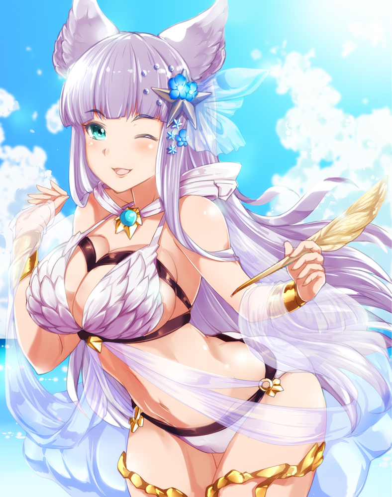 1girl, ;), animal_ears, bangs, bikini, blue_eyes, blue_sky, blunt_bangs