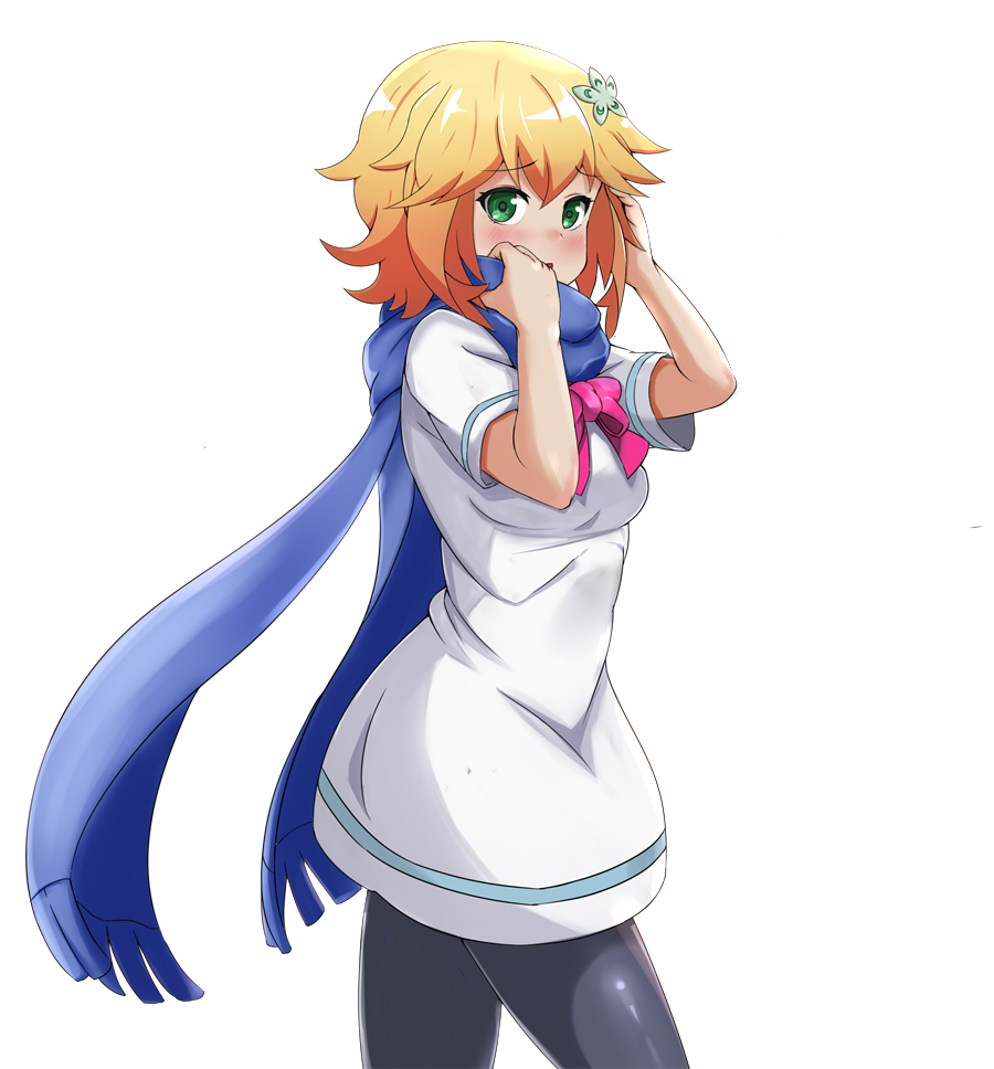 1girl, blonde_hair, blush, chisaki_tapris_sugarbell, covering_mouth, cowboy_shot, dress, flower
