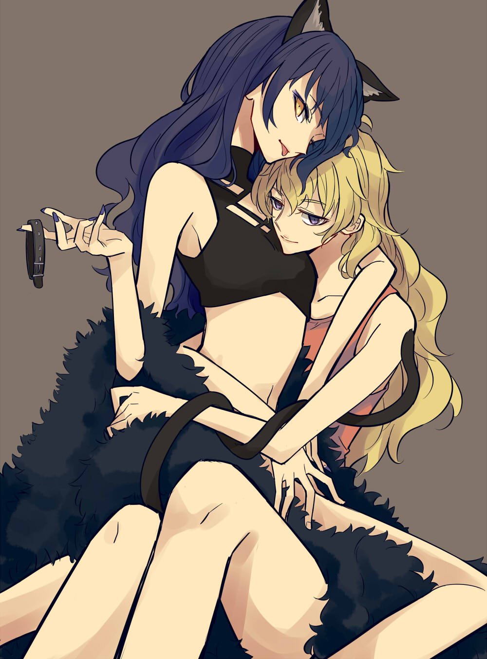 2girls, black_hair, black_nails, blake_belladonna, blonde_hair, cat_girl, collar, fingernails
