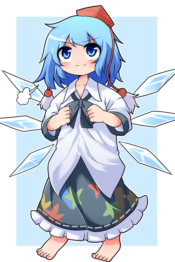 1girl, blue_eyes, blue_hair, blush, cirno, cosplay, hat, ice, ice_wings, oversized_clothes, peku_(science_santa-san), pom_pom_(clothes), shameimaru_aya, shameimaru_aya_(cosplay), short_hair, skirt, smile, solo, tokin_hat, touhou, wings