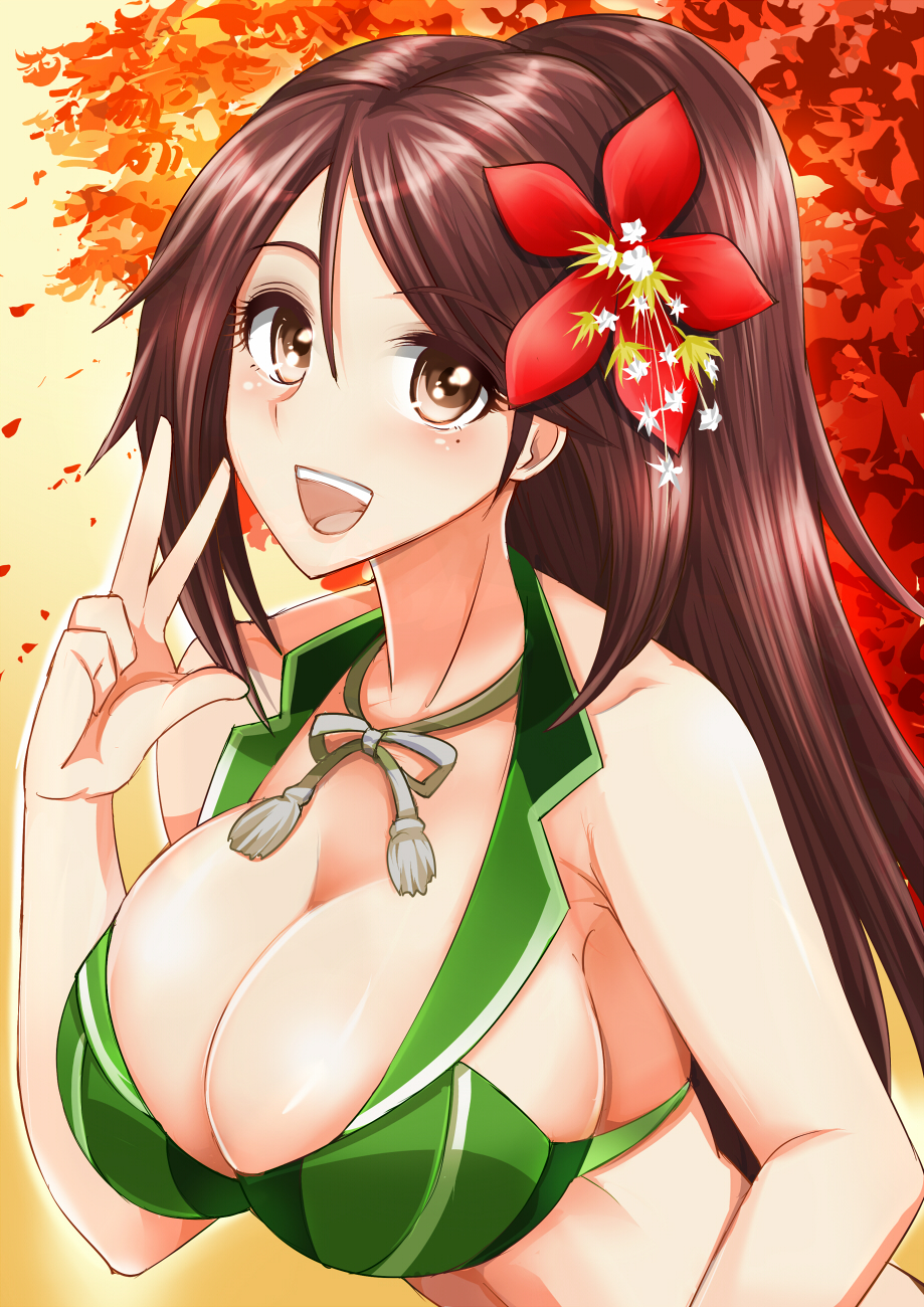 1girl, alternate_costume, amagi_(kantai_collection), bare_shoulders, bikini, breasts, brown_eyes, brown_hair