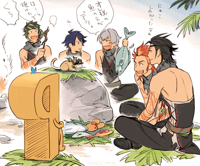 5boys, :d, akai_suzaku, artist_name, bare_shoulders, black_hair, blue_hair, dark_skin, dark_skinned_male, enjouji_michiru, fang, fire, fish, glasses, green_hair, hair_slicked_back, idolmaster, idolmaster_side-m, iwa_(iwa000ima), kizaki_ren, kurono_genbu, male_focus, multicolored_hair, multiple_boys, open_mouth, p-head_producer, redhead, shinsoku_ikkon, sideburns, silver_hair, sleeveless, smile, spiky_hair, steam, taiga_takeru, the_kogado