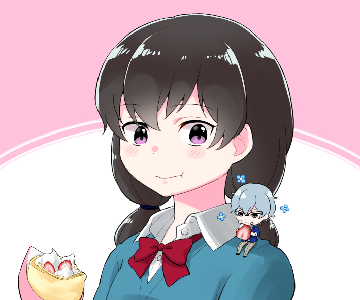 1boy, 1girl, brother_and_sister, chibi, eating, glasses, hazama_michio, hazama_michio's_sister