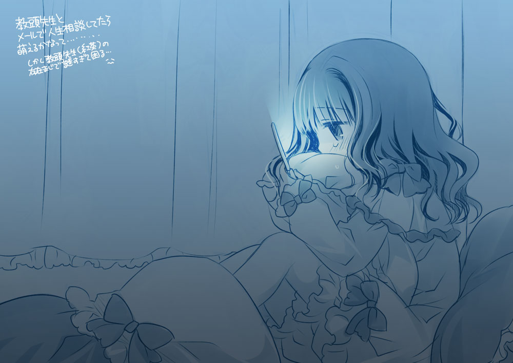 1girl, bangs, blue, blush, bow, cellphone, covered_mouth, curtains, eyebrows_visible_through_hair, flip_phone, frilled_curtains, frills, higanbana_no_saku_yoru_ni, holding, holding_cellphone, holding_phone, kusunoki_midori, long_sleeves, looking_away, monochrome, pajamas, phone, pillow, pillow_hug, profile, sakurazawa_izumi, short_shorts, shorts, sitting, solo, tears, translation_request, wavy_hair