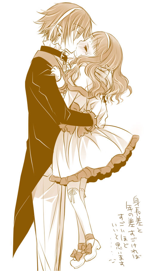 1boy, 1girl, blush, bow, bracelet, closed_eyes, collar, dress