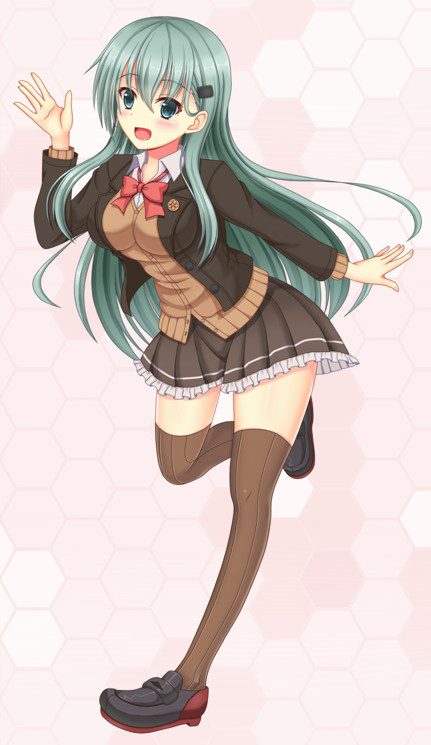 1girl, :d, blazer, bow, bowtie, brown_legwear, frilled_skirt, frills