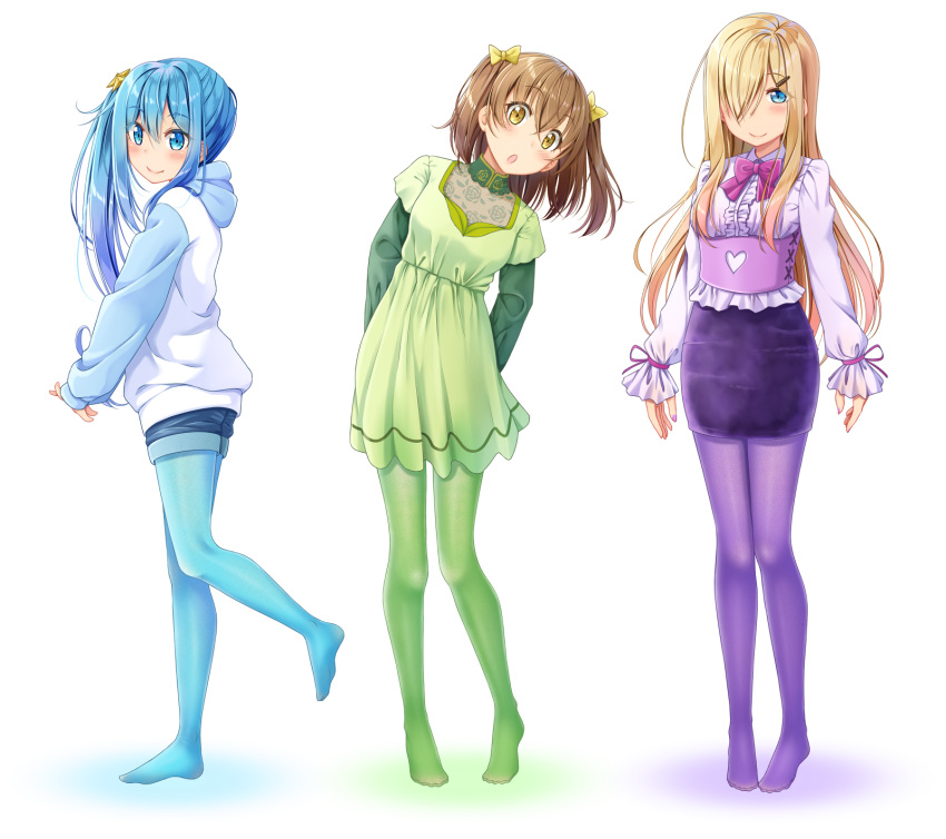 3girls, :o, ashida_machi, bangs, blonde_hair, blouse, blue_eyes, blue_hair