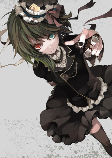 alternate_costume, blue_eyes, dutch_angle, green_hair, hat, heterochromia, nail_polish, outstretched_arm