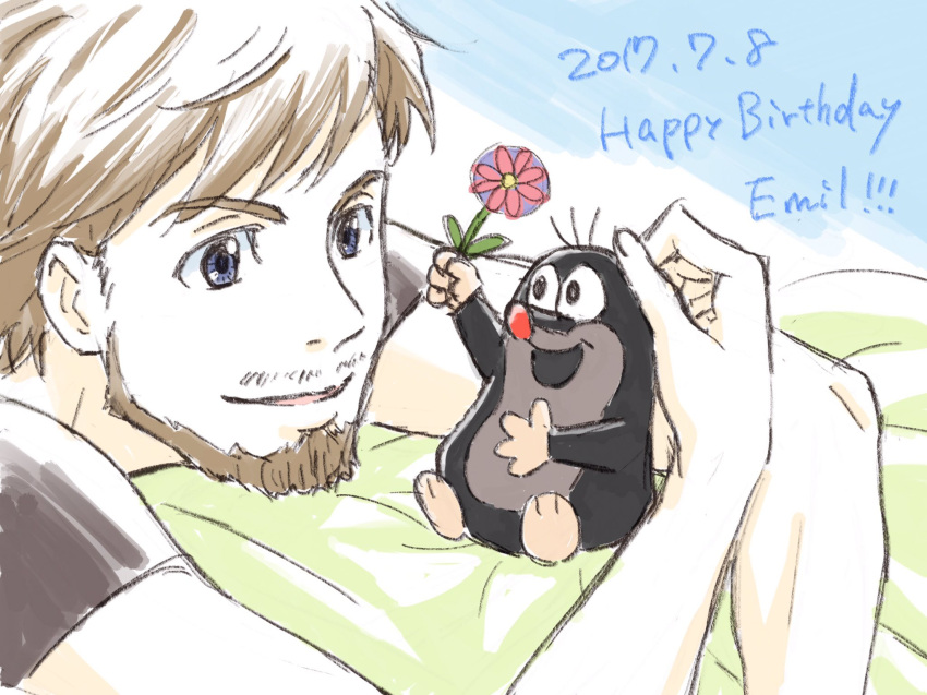 1boy, beard, birthday, blanket, blue_eyes, brown_hair, commentary_request, country_connection, crossover, czech_republic, dated, emil_nekola, facial_hair, flower, happy_birthday, highres, holding, holding_flower, itou_noriko, mole_(animal), mole_(zdenek_miler), mole_(zdenek_miler)_(character), on_bed, open_mouth, shirt, size_difference, smile, t-shirt, yuri!!!_on_ice