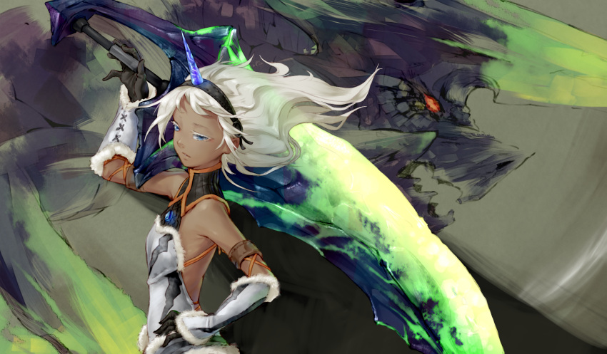 1girl, backless_outfit, bare_shoulders, blue_eyes, brachydios, breastplate, dark_skin, dragon