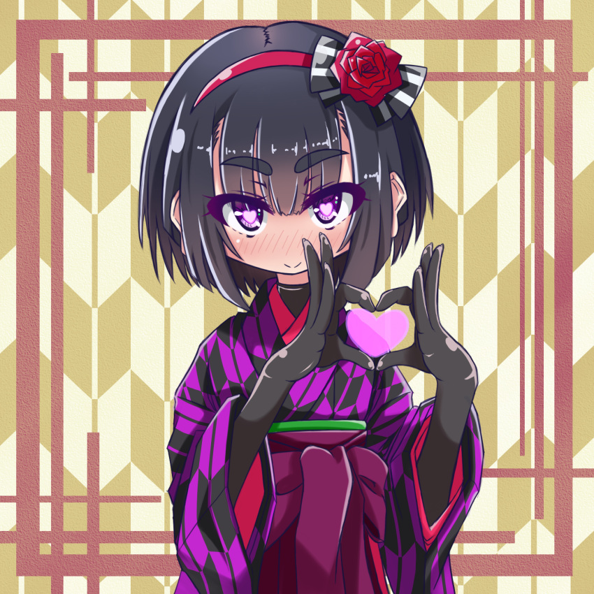 1girl, blush, flower, hair_flower, hair_ornament, hairband, hakama, heart, heart-shaped_pupils, heart_hands, highres, japanese_clothes, kimono, looking_at_viewer, nanarokushiki, no_nose, original, smile, solo, symbol-shaped_pupils, yagasuri
