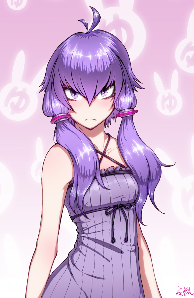 1girl, antenna_hair, arms_at_sides, bangs, bare_arms, bare_shoulders, breasts, bunny_background, closed_mouth, collarbone, commentary_request, criss-cross_halter, dress, gradient, gradient_background, hair_between_eyes, hair_tubes, halterneck, japari_symbol, kemono_friends, long_hair, looking_at_viewer, pink_background, purple_dress, purple_hair, rasson, serious, shiny, shiny_hair, shoebill_(kemono_friends), sidelocks, sleeveless, sleeveless_dress, small_breasts, solo, underbust, upper_body, violet_eyes, vocaloid, voiceroid, yuzuki_yukari